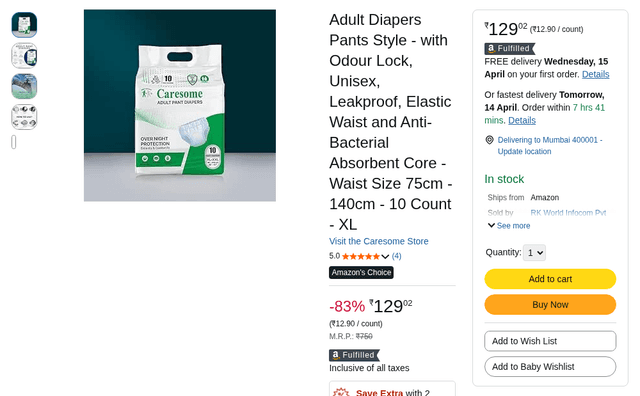 Adult Diapers Pants Style - with Odour Lock, Unisex, Leakproof, Elastic Waist and Anti-Bacterial Absorbent Core - Waist Size 75cm - 140cm - 10 Count - XL