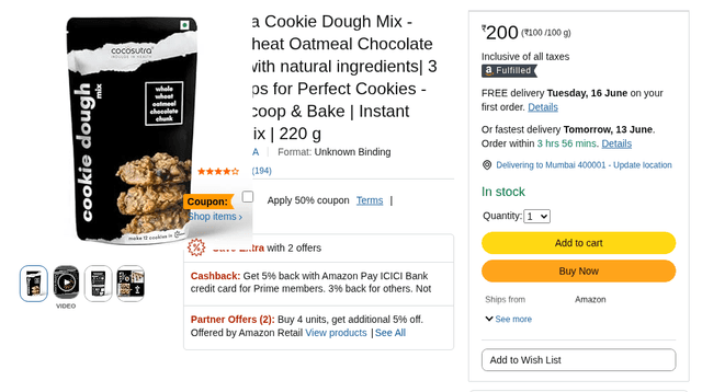 Cocosutra Cookie Dough Mix - Whole Wheat Oatmeal Chocolate Chunk | with natural ingredients| 3 Easy Steps for Perfect Cookies - Whisk, Scoop & Bake | Instant Baking Mix | 220 g