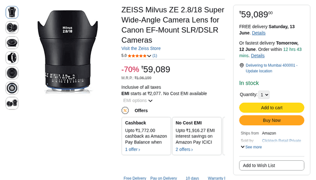 ZEISS Milvus ZE 2.8/18 Super Wide-Angle Camera Lens for Canon EF-Mount SLR/DSLR Cameras