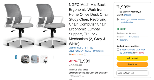 NGFC Mesh Mid Back Ergonomic Work from Home Office Desk Chair, Study Chair, Revolving Chair, Computer Chair, Ergonomic Lumbar Support, Tilt Lock Mechanism (2, Grey & White)