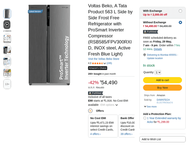 Voltas Beko, A Tata Product 563 L Side by Side Frost Free Refrigerator with ProSmart Inverter Compressor (RSB585/FPV300RXID, INOX steel, Active Fresh Blue Light)