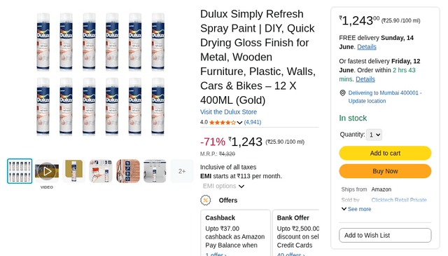 Dulux Simply Refresh Spray Paint | DIY, Quick Drying Gloss Finish for Metal, Wooden Furniture, Plastic, Walls, Cars & Bikes – 12 X 400ML (Gold)