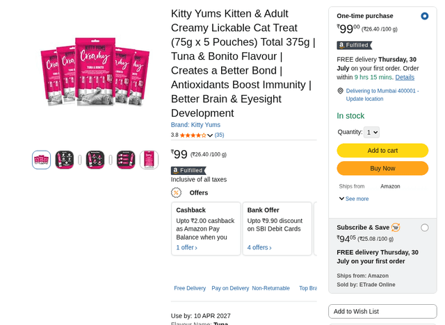 Kitty Yums Kitten & Adult Creamy Lickable Cat Treat (75g x 5 Pouches) Total 375g | Tuna & Bonito Flavour | Creates a Better Bond | Antioxidants Boost Immunity | Better Brain & Eyesight Development