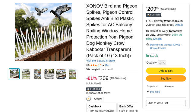 XONOV Bird and Pigeon Spikes, Pigeon Control Spikes Anti Bird Plastic Spikes for AC Balcony Railing Window Home Protection from Pigeon Dog Monkey Crow Kabootar Transparent (Pack of 10 (13 Inch))