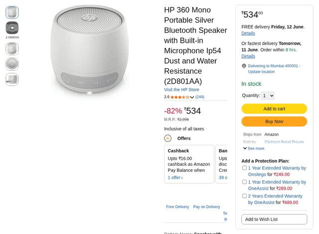 HP 360 Mono Portable Silver Bluetooth Speaker with Built-in Microphone Ip54 Dust and Water Resistance (2D801AA)
